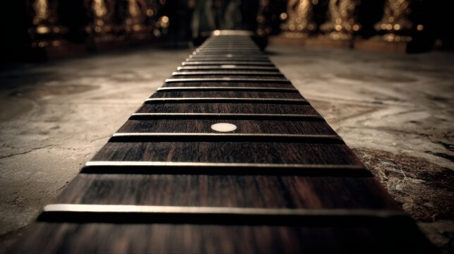 Detailed close-up of a polished ebony violin fingerboard with inlaid frets and markers, showcasing fine wood grain and musical instrument craftsmanship.