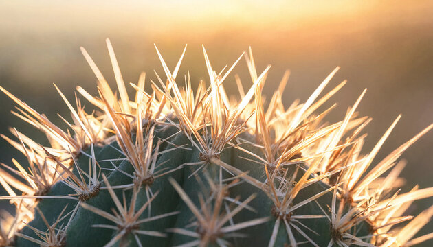 Macro shot of a cactus with sharp needles illuminated by soft golden hour light creating a glowing halo effect on the plant spines