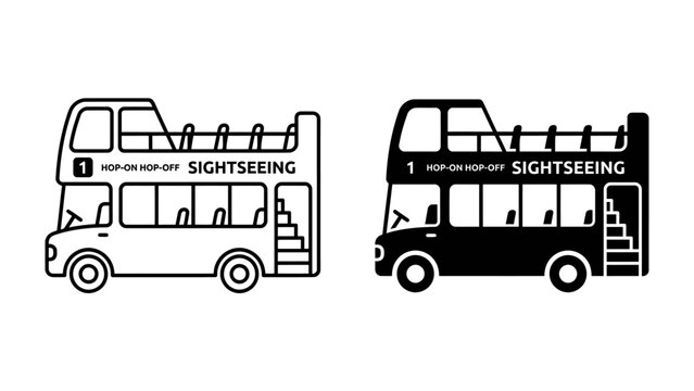 Open-top Bus Icons: Two contrasting line art icons depict an open-top double-decker bus, one in black and white, symbolizing city tours and transportation.