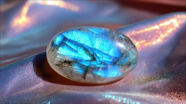 Luminous Labradorite Cabochon with Vibrant Blue Adularescence on a Silken Surface
