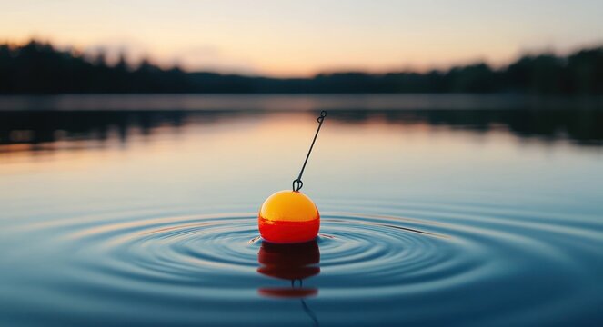 single red and yellow fishing bobber floating on a calm lake at sunset with gentle ripples and distant treeline, peaceful tranquil mood