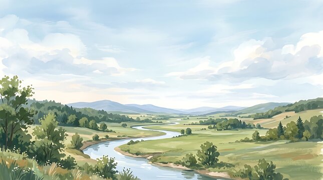 Winding river flowing through a scenic green valley landscape