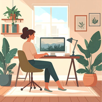 Woman working at a desk with a computer and plants in a bright room