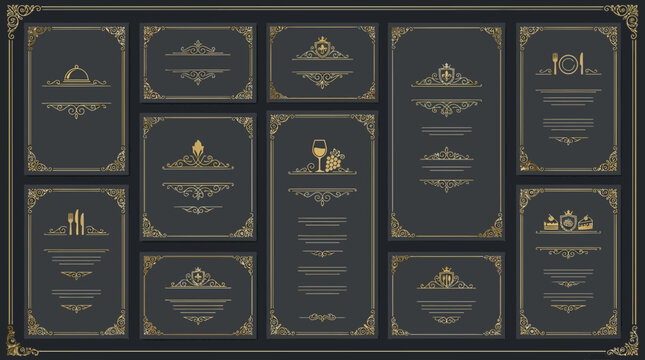 Elegant ornate menu templates vintage design set, luxury restaurant graphic art