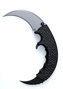 curved tactical folding karambit knife with crescent steel blade, textured black handle with finger grooves and visible pivot screw, sleek dangerous modern design