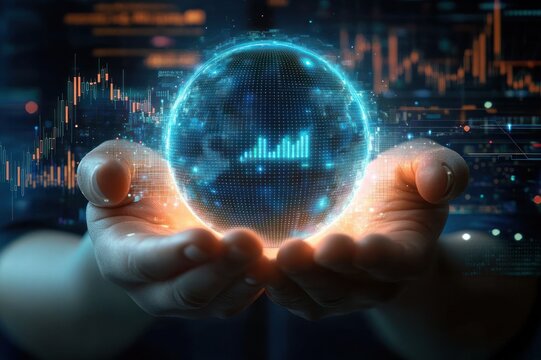 Hands cradling a glowing holographic digital globe with data charts and financial graphs, evoking futuristic innovation, empowerment, and control