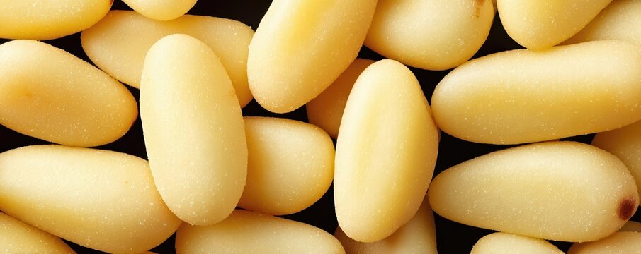 Ultra wide macro of pine nuts arranged in a meticulous pattern. Smooth, golden textures and soft lighting highlight their fine details in modern editorial food styling.