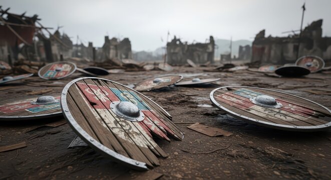 Shattered Wooden Shields Scattered Amidst Ancient War Ruins