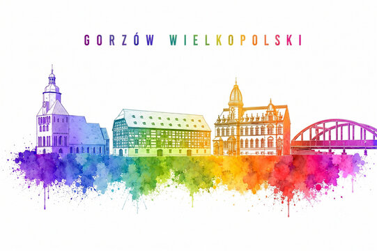 Colorful Gorzow Wielkopolski cityscape painting. Vibrant watercolor splash skyline with linear sketch of Polish landmarks, Cathedral, Spichlerz, Post office and Chrobrego railway viaduct.