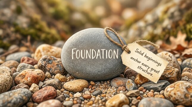 Stone inscribed with the word Foundation, resting on a bed of pebbles with a descriptive tag