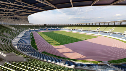 Obraz premium Modern athletics stadium featuring an Olympic-style running track, central football field, and expansive seating bowl for professional competitions and public sporting events.