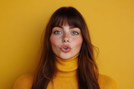 person with long brown hair in a mustard yellow turtleneck sweater against a solid yellow background, face blurred, calm neutral mood, minimalist studio portrait