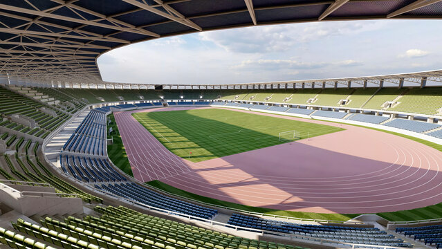 Modern athletics stadium featuring an Olympic-style running track, central football field, and expansive seating bowl for professional competitions and public sporting events.