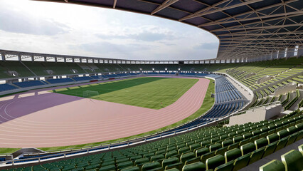Spacious outdoor athletics stadium with running track, football pitch, and modern grandstands designed for international competitions and large public sporting events. © Alexuans