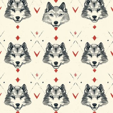 hand-drawn wolf heads repeated in a vintage distressed pattern with red diamond and chevron accents, evoking watchful calm