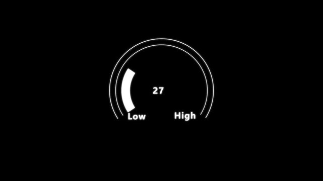 Digital gauge meter animation moves from high overload to safe low levels, presentation template from 100 to 0 percent Car Fuel Dashboard moving up and down,  radar icon concept.