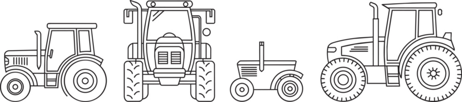 Agricultural tractor vector vehicle collection featuring farm machinery designs in various side and front views for industrial equipment graphics farming activity branding or rural works sets.
