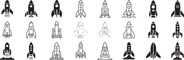 Space rocket ship collection featuring various launch stages flying vehicles and modern spacecraft designs for cosmic graphic design projects in clean black vector style set isolated on white. © Nargis