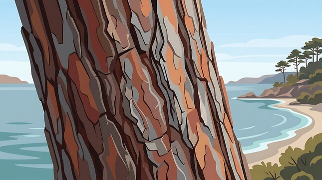 Textured pine tree trunk overlooking a scenic coastal beach landscape