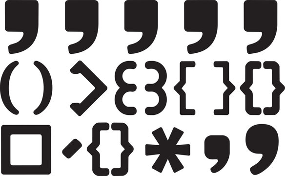 Set of black punctuation marks and bracket signs isolated on transparent pattern design element collection math symbols code syntax grammar typographic graphic vector illustration set icons.