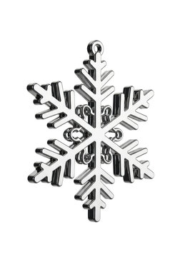 ultra close-up macro shot of a luxurious, chrome-plated silver snowflake ornament with intricate filigree details, isolated on a bright white high-key background with copy space. high-end holiday