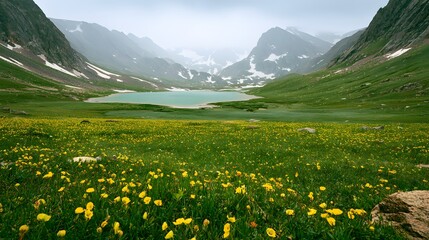 Fototapeta premium Serene alpine landscape golden hour light snow peaks over turquoise lake tranquil meadow wildflowers inspire awe