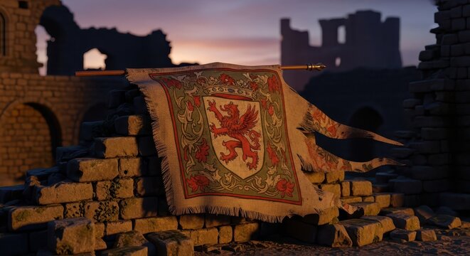 Tattered Heraldic Banner with Griffin Emblem on Ancient Stone Wall at Dusk