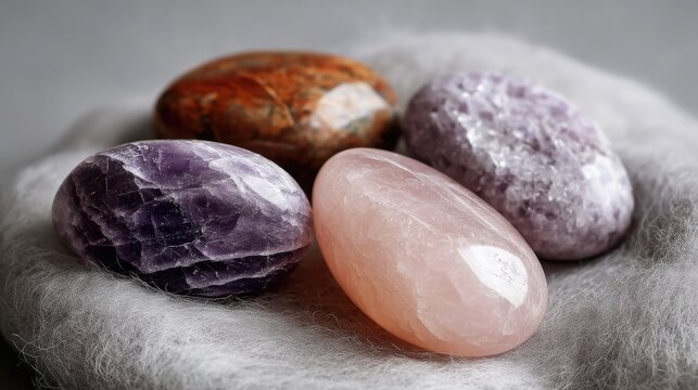 Collection of polished semi-precious gemstones like amethyst and rose quartz on a soft textured surface