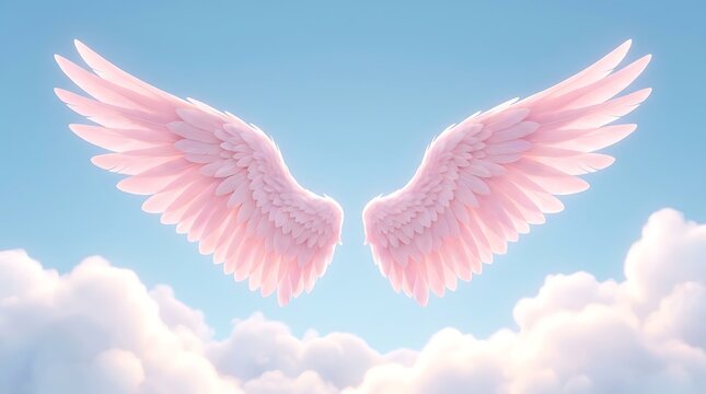 A pair of soft pink angel wings floating in a bright blue sky with fluffy white clouds