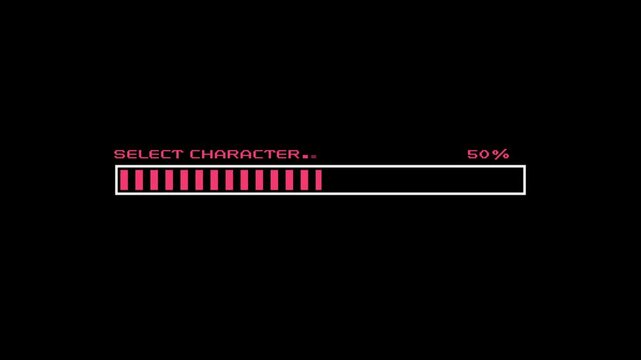 Retro pixel art select character loading bar animation arcade game progress bar percentage indicator 8 bit gaming UI character selection screen 4K motion graphics