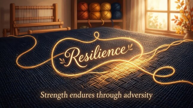 The word Resilience glowing on a textured fabric surface with a warm ambient glow