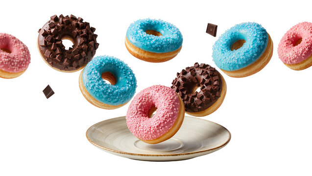 Isolated flying colorful glazed donuts with sweet sprinkles and chocolate chunks around plate