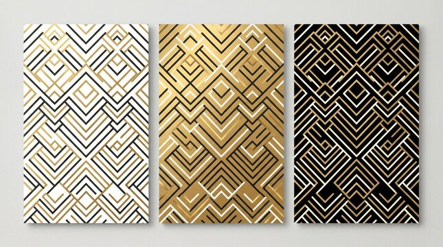 Art Deco geometric pattern collection, luxury gold and black invitation covers, elegant 1920s style background set with metallic lines and shapes