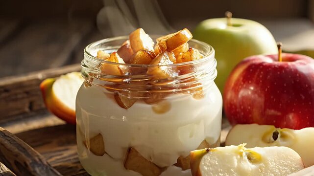 Healthy Yogurt Parfait with Caramelized Apples on a Rustic Wooden Tray