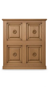 Classic wooden cabinet door with four square raised panels and decorative circular rosette knobs