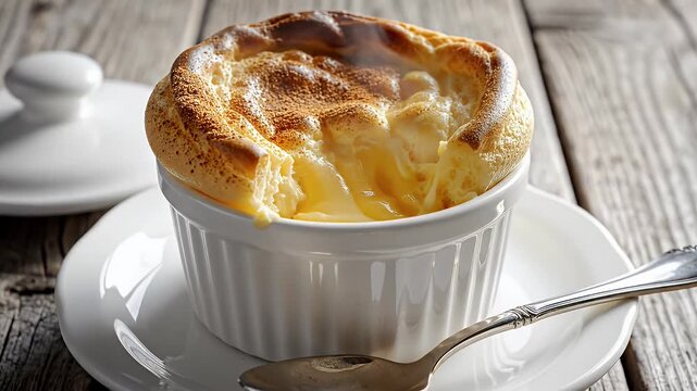 Lemon Souffle Baked Dessert in White Ramekin on Rustic Wooden Table