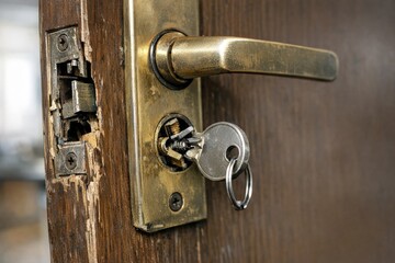 Obraz premium A detailed shot of a door handle with a bunch of keys attached, great for representing security or access themes