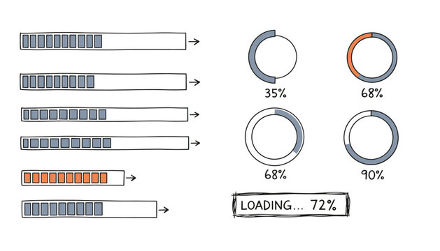 Loading bars and circular progress indicators showing various percentages of completion for digital interface and task status designs.