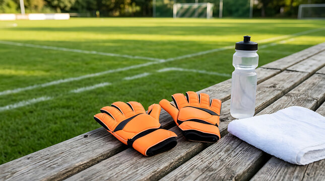 Orange goalkeeper gloves with a water bottle and towel on a wooden bench by the soccer field