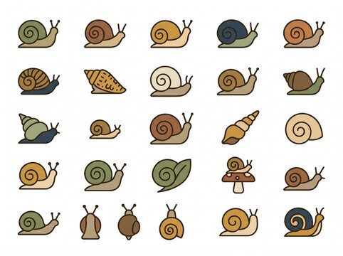 Snail Icons Set Vector Garden Snails and Spiral Shells Line Art

