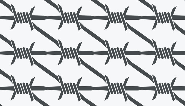 Repeating pattern of dark grey barbed wire strands crossing diagonally against a light grey background.