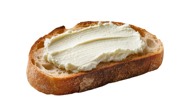 Isolated delicious crusty artisan bread slice with creamy white spread, fresh breakfast
