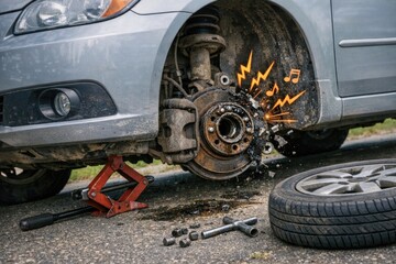 Fototapeta premium Stranded vehicle with a flat tire and nearby tools for repair or assistance