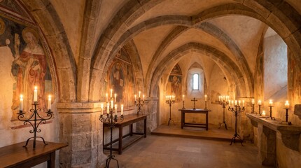 Fototapeta premium Ancient stone sanctuary interior featuring religious frescoes and lit candles on wooden altars
