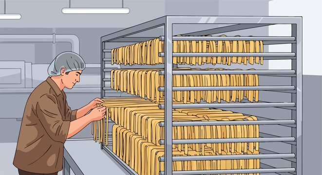 Factory worker inspects drying pasta strands on racks in industrial kitchen