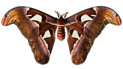 Isolated majestic Atlas moth with colorful spread wings and intricate patterns, exotic insect © Ioana