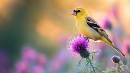Fototapeta premium vibrant yellow finch perched on a purple thistle bloom with soft warm bokeh, a peaceful and delicate summer morning scene