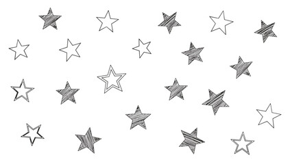 Fototapeta premium Pattern of various five-pointed stars, some outlined and others shaded with hatching, useful for festive backgrounds or creative projects.