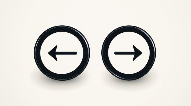 two glossy black and white circular navigation buttons with left and right arrows on a light background, minimalist sense of choice and balance