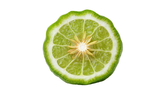 Isolated fresh half kaffir lime slice showing rough skin and juicy green pulp from above